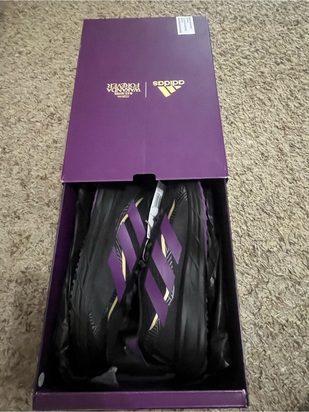 Adidas Wakanda Forever Black & Purple Athletic Shoes with Gold Accents